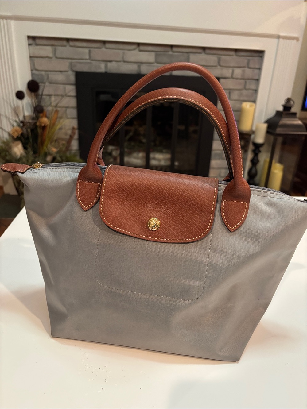 Longchamp Gray Nylon Tote with Brown Leather Trim